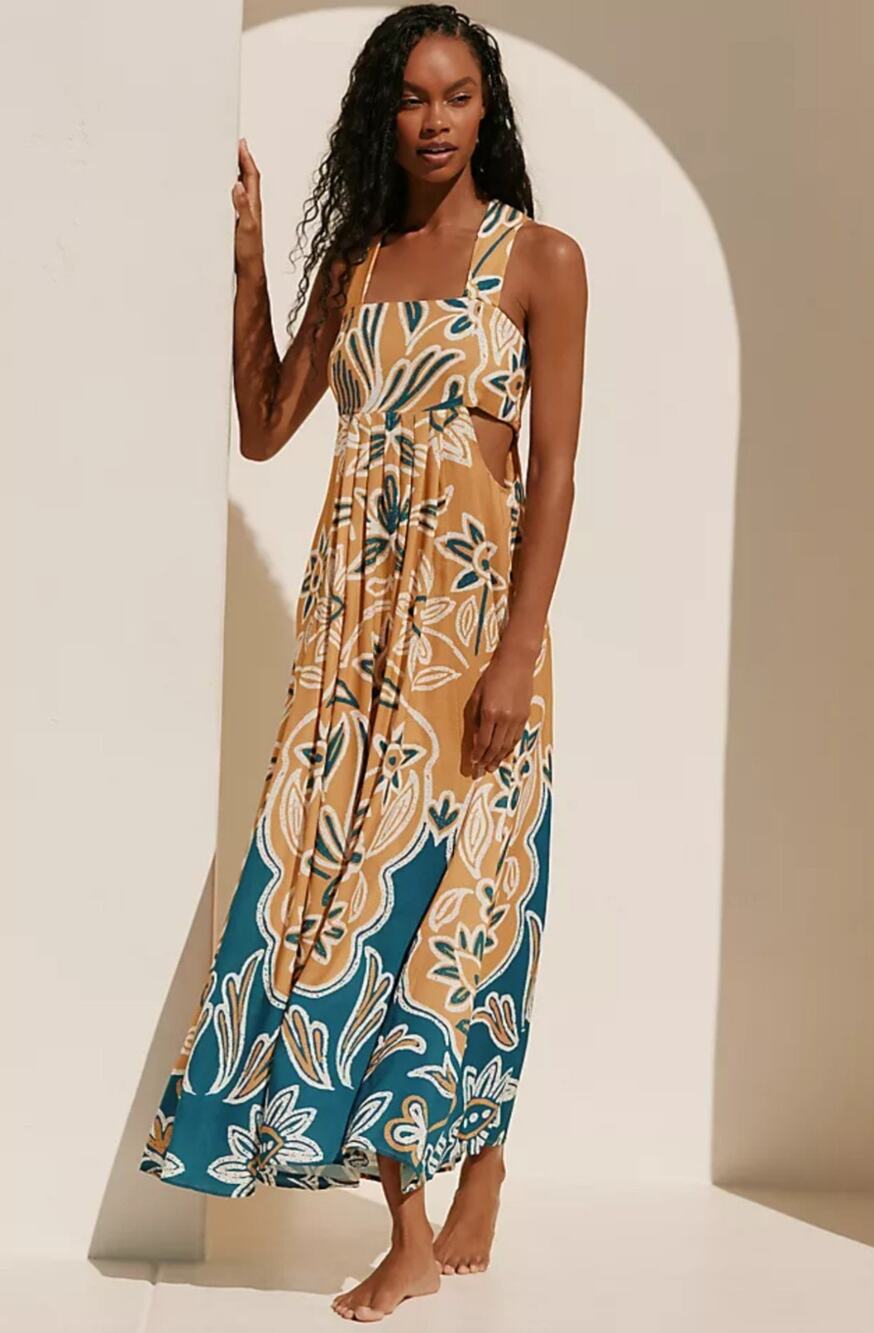 Anthropologie Celandine Piper Bandeau Orange Blue Floral Midi Dress Small
